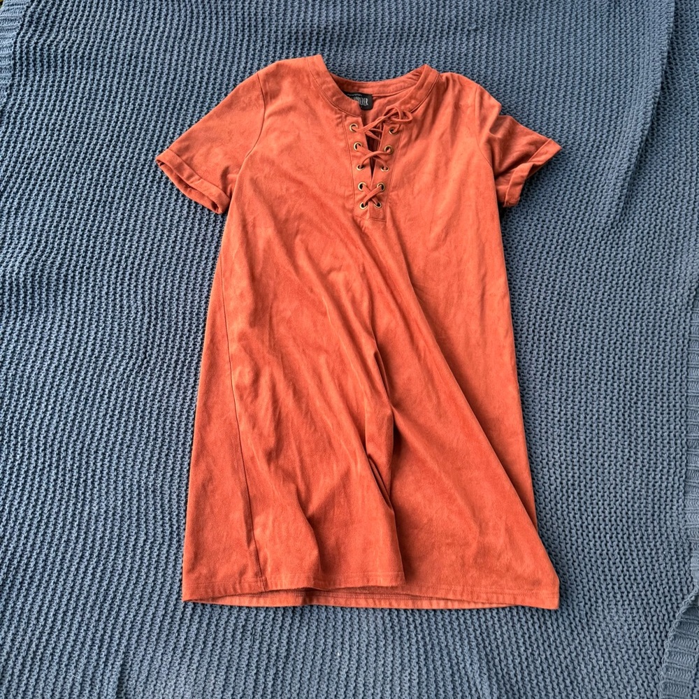 Sweet Wanderer L Rust Boho Short Sleeve Shirt Dress Faux Suede Lace Up V Neck